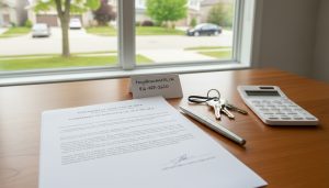 Agreement of Purchase and Sale on a desk with keys, pen, and contact note for Tony Sousa in a Milton home