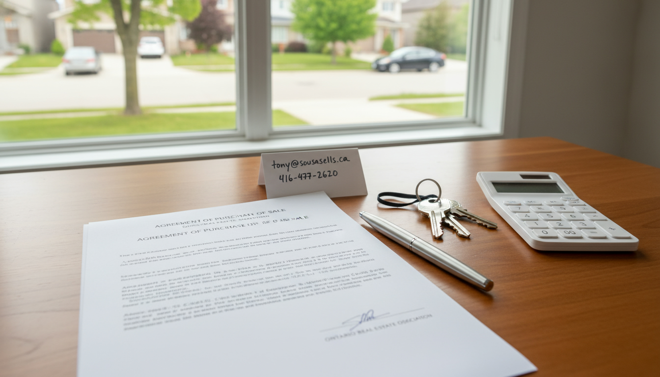 Agreement of Purchase and Sale on a desk with keys, pen, and contact note for Tony Sousa in a Milton home
