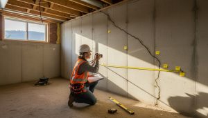 Structural engineer inspecting foundation and basement at a suburban Milton Ontario home, with visible crack and grading concerns