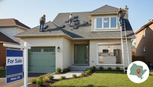 Renovated Milton house with contractors repairing roof and installing new windows, fresh paint and landscaping, For Sale sign in front