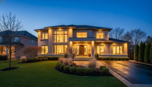 Twilight exterior photo of a modern Milton home with warm interior lights and deep blue sky