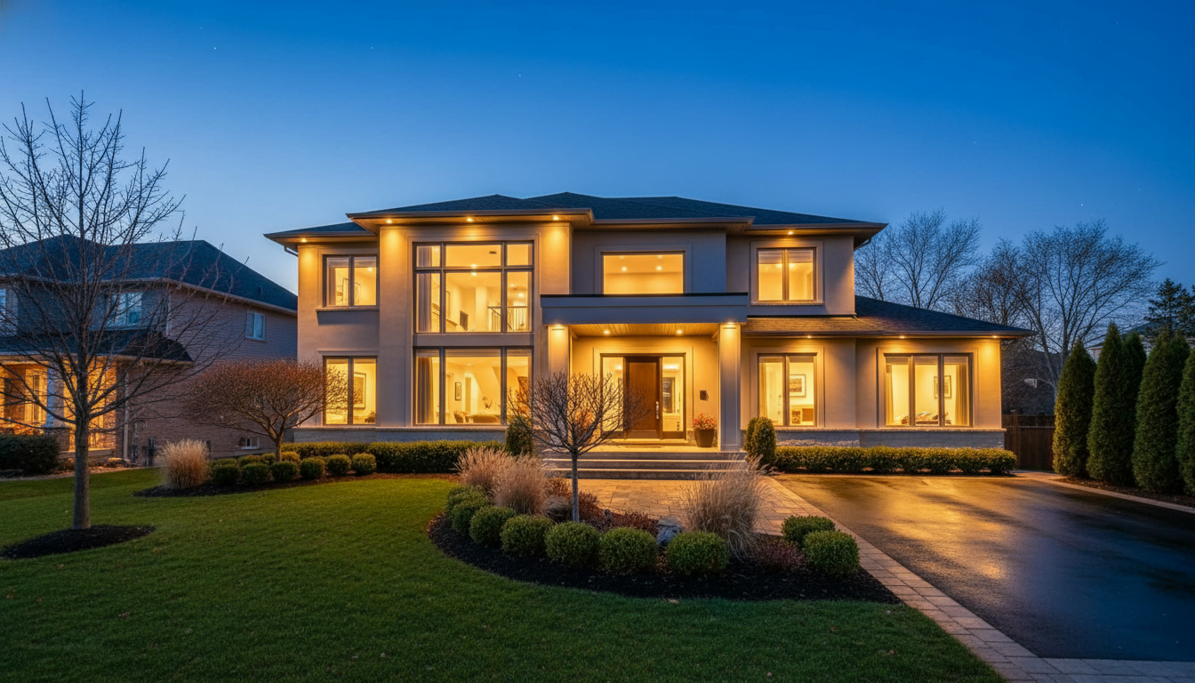 Twilight exterior photo of a modern Milton home with warm interior lights and deep blue sky