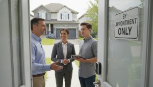 Homeowner speaking to buyer and agent outside a suburban Milton, Ontario house with 'By Appointment Only' sign