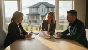 Seller and buyer signing real estate documents in a Milton, Ontario home with agent pointing to contract