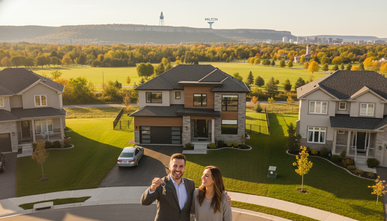 Real estate agent handing keys to homeowners in front of a modern Milton, Ontario house with green spaces and escarpment in background.