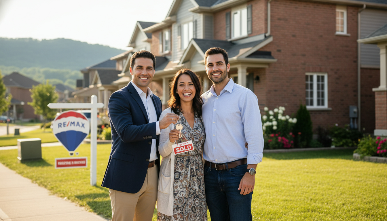 Realtor handing keys to smiling couple outside a sold house in Milton, Ontario with 'SOLD' sign and suburban background.