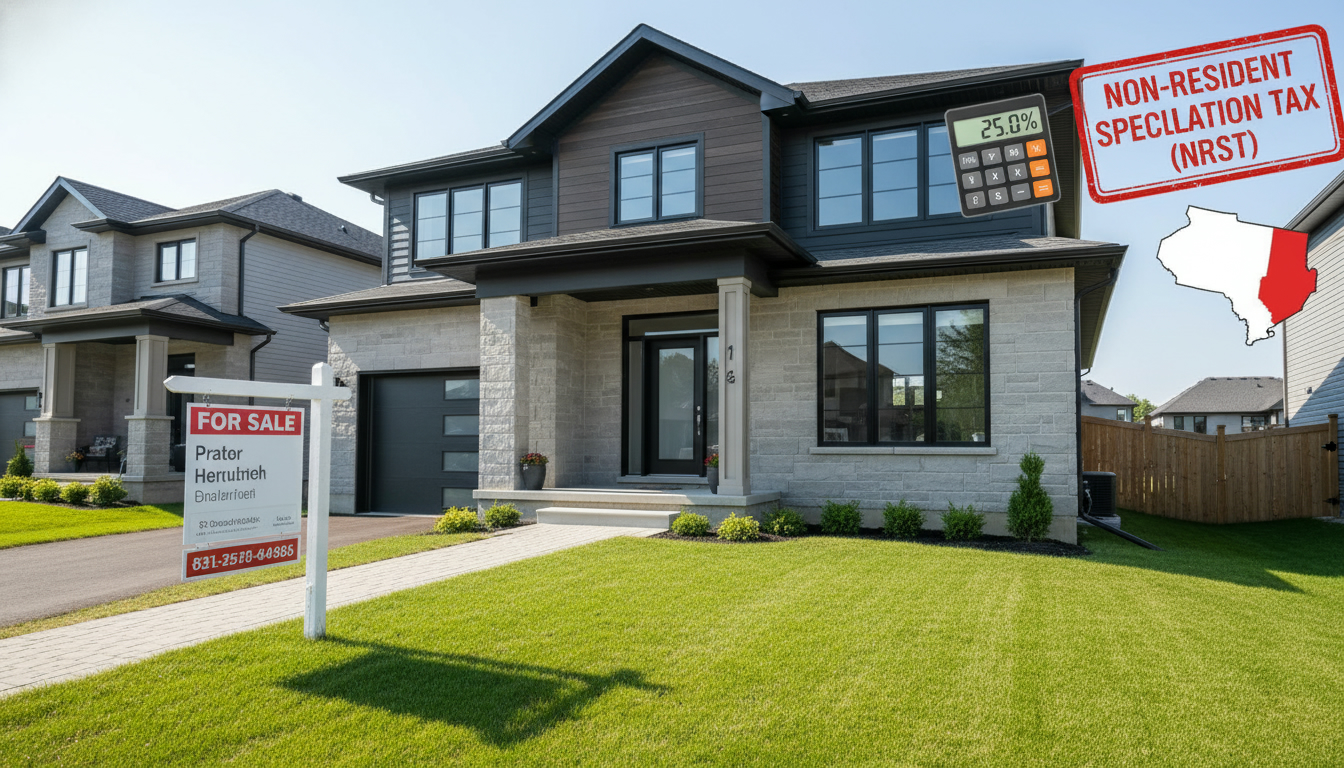 Milton house for sale with an overlay 'Non-Resident Speculation Tax (NRST)' stamp, calculator, and Ontario map highlighting Halton Region