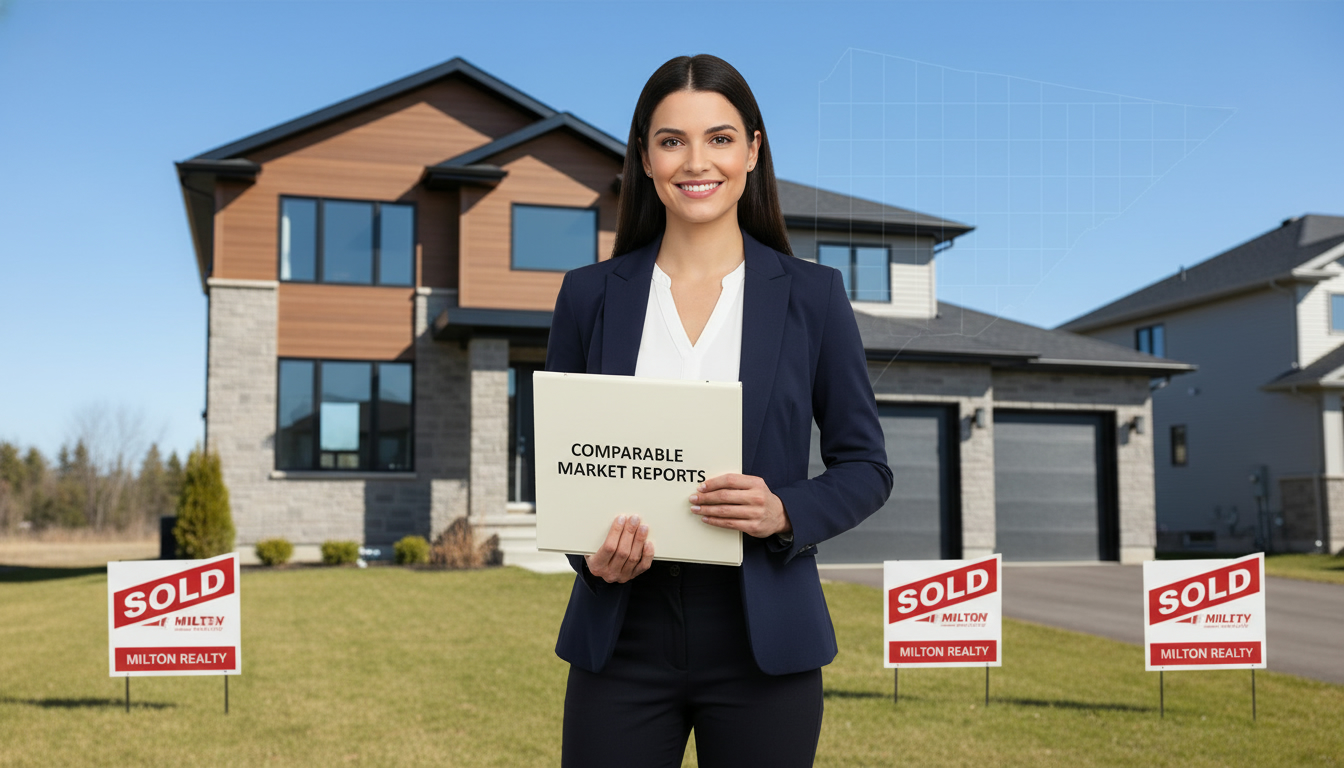 Real estate agent with market reports in front of a suburban home in Milton, Ontario