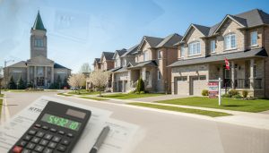 Suburban Milton house with For Sale sign, calculator and tax forms overlay