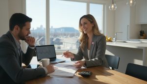 Real estate agent and self-employed homeowner reviewing mortgage documents in a Milton home with calculator and laptop