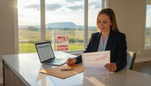 Real estate agent reviewing an offer in a Milton home with a sold sign outside and Milton Escarpment visible