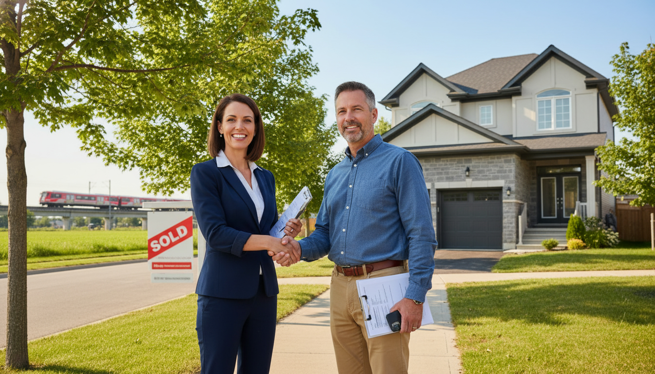 Realtor shaking hands with a seller in front of a Milton, Ontario home with a Sold sign and commuter train in the background