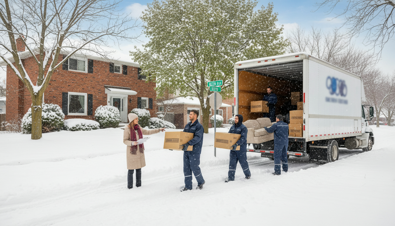 Professional movers loading a truck outside a suburban Milton, Ontario home with a realtor supervising.