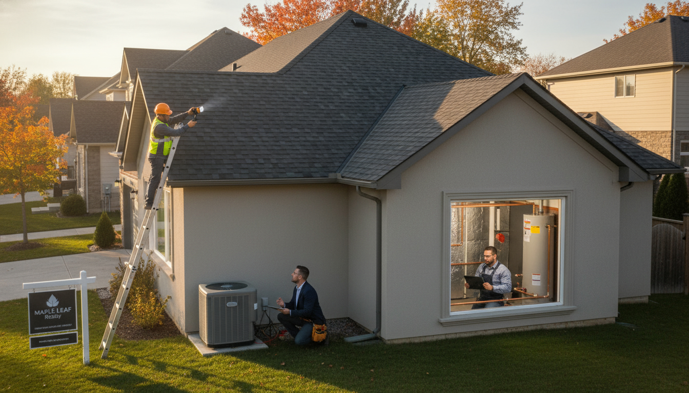 Home inspector checking roof shingles, outdoor HVAC unit, and basement water heater at a suburban Milton Ontario house