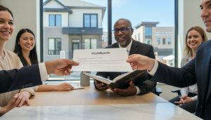 Close-up of contract labeled 'Holdback' during a real estate closing with Milton Ontario homes in background.