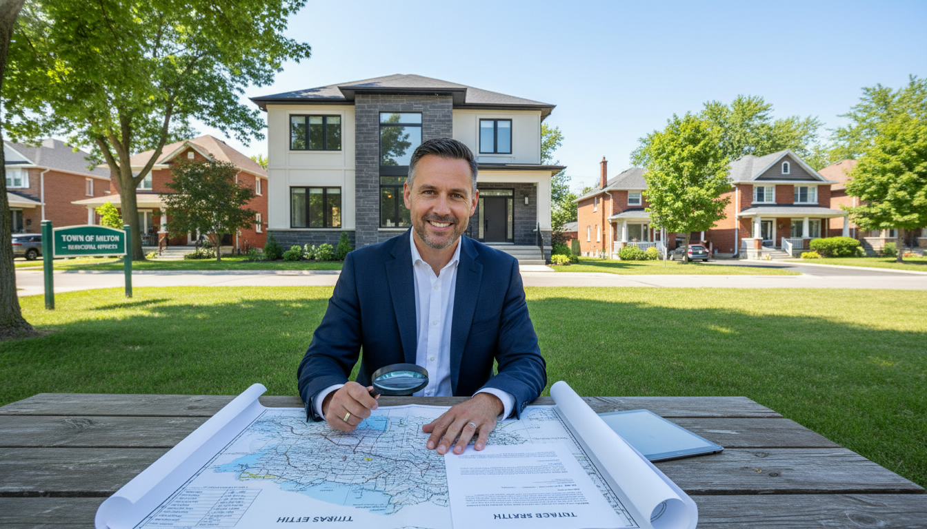 Realtor reviewing property title documents for a Milton, Ontario home with magnifying glass