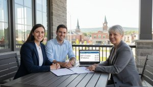 Couple with realtor reviewing RRSP and Home Buyers' Plan documents outside a suburban Milton, Ontario home