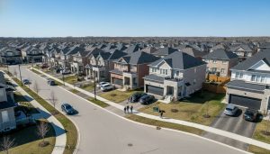 Aerial view of Milton homes showing a shared driveway and a private road in a suburban neighborhood.