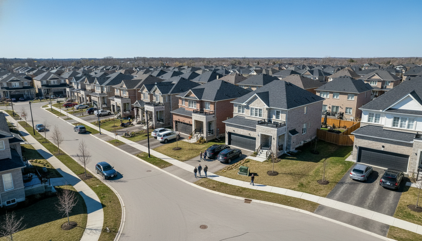 Aerial view of Milton homes showing a shared driveway and a private road in a suburban neighborhood.