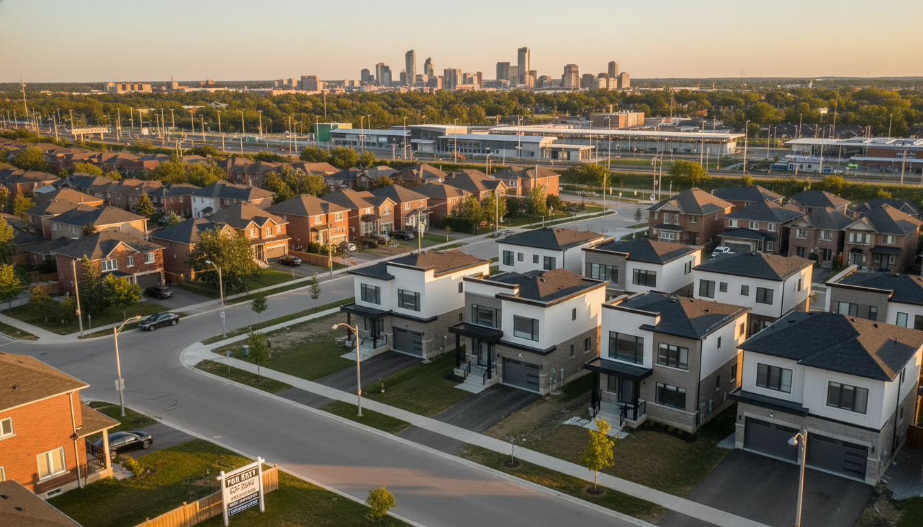 Milton Ontario neighbourhood with ‘For Rent’ sign and Milton GO Station in the distance