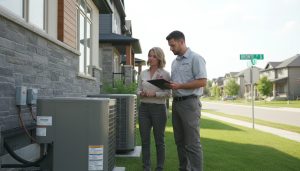 Home inspector checking furnace and outdoor AC unit with checklist near a suburban home in Milton, Ontario.