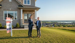 Milton Ontario home with sold sign and realtor handing keys to family member, front lawn and suburban street visible