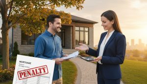 Mortgage expert advising homeowner outside a house in Milton, Ontario with mortgage documents and a visible 'penalty' stamp.