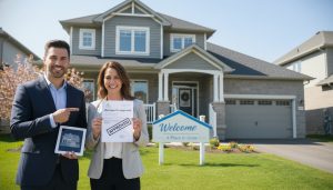 Homebuyer holding mortgage pre-approval letter with realtor in front of a Milton, Ontario home