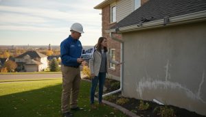 Home inspector and homeowner inspecting roof and foundation of a suburban Milton Ontario house