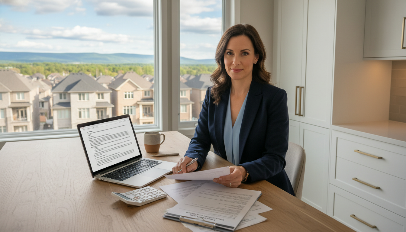 Realtor negotiating seller concessions with homeowners at a kitchen table in Milton, Ontario showing contract on laptop and neighbourhood visible outside.