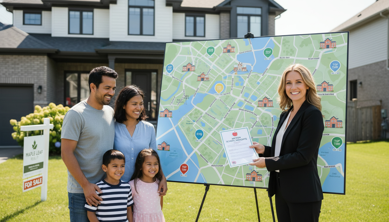 Map of Milton, Ontario with school icons and ranking badges; realtor handing school report to family in front of house.