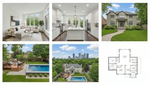 Collage of professional listing photos showing interior, kitchen, exterior, backyard, drone shot and floorplan for a Milton, Ontario home.