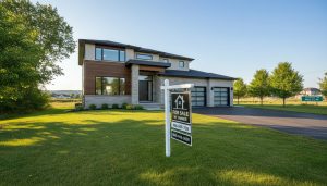 A Milton, Ontario suburban home with a 'For Sale By Owner' sign on the front lawn, sunny day