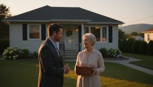 Local realtor speaking with homeowner holding memory box outside a family house in Milton, Ontario during golden hour.