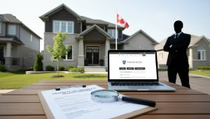 Milton Ontario house with a property tax certificate on a clipboard and a laptop showing municipal tax portal