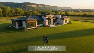 Unique upscale Milton Ontario home with large lot and Niagara Escarpment in background, real estate sign on lawn