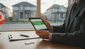 Lawyer completing a wire transfer on a tablet during a real estate closing in Milton, Ontario with house in background