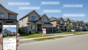Milton neighborhood with for sale sign, smartphone showing listing, and floating keyword text like 'Milton homes for sale'