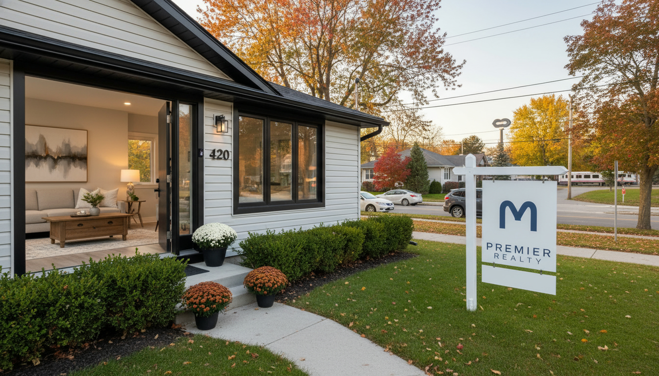 Staged suburban home in Milton, Ontario with For Sale sign and Milton GO commuter hint
