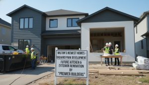 Contractors renovating a suburban home in Milton, Ontario with homeowner reviewing plans