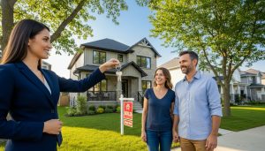 Real estate agent handing keys to happy home sellers in front of a SOLD sign outside a Milton, Ontario house.
