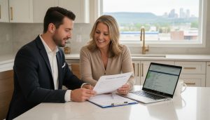 Realtor reviewing closing documents with homeowner in Milton home, statement of adjustments visible