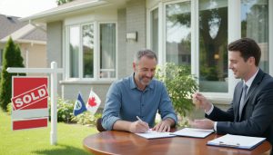 Homeowner signing insurance cancellation form in front of a sold house in Milton Ontario