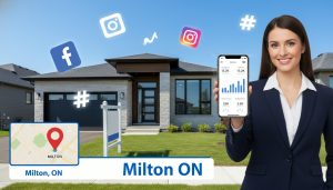 Modern Milton home with floating social media icons and hashtag symbols, map pin indicating Milton, Ontario