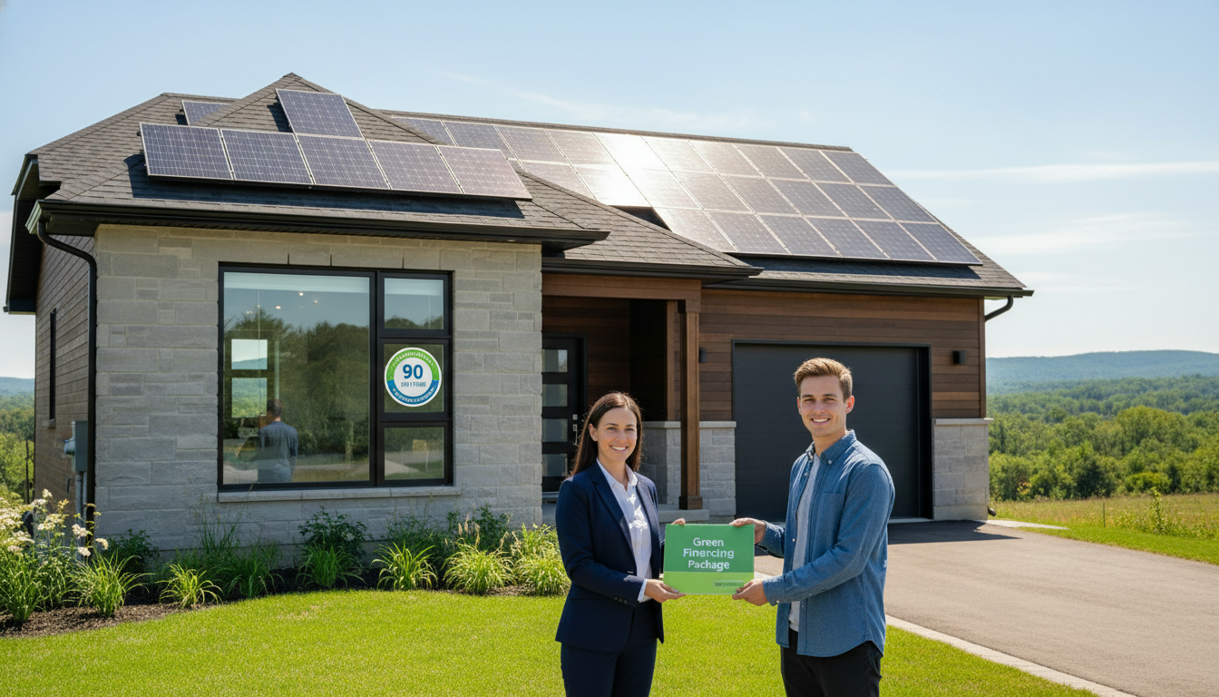 Milton Ontario home with solar panels and EnerGuide energy rating sticker, realtor showing green financing package to buyer
