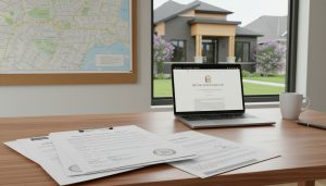 Stack of real estate documents on a desk with a Milton home in the background and a map of Milton ON visible
