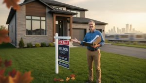 Milton Ontario house with For Sale sign and relieved homeowner, late afternoon, commuter background