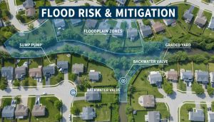 Aerial view of Milton neighborhood near creek with highlighted floodplain zones and mitigation icons like sump pump and graded yard.