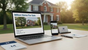 Laptop and smartphone showing a Milton real estate listing headline with a suburban Milton home in the background.