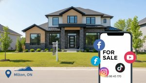 Smartphone showing social media posts for a Milton, ON house for sale with a For Sale sign in front